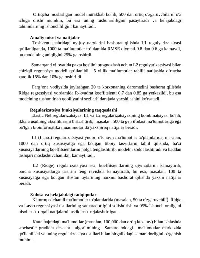 Regressiya masalalarida regulyatizatsiya funksiyasini qo'llash 3