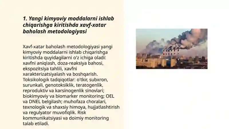 Ishlab chiqarishda yangi kimyoviy moddalarni amaliyotga tadbiq qilinishida toksikologik tadqiqotlarni o'tkazish 3