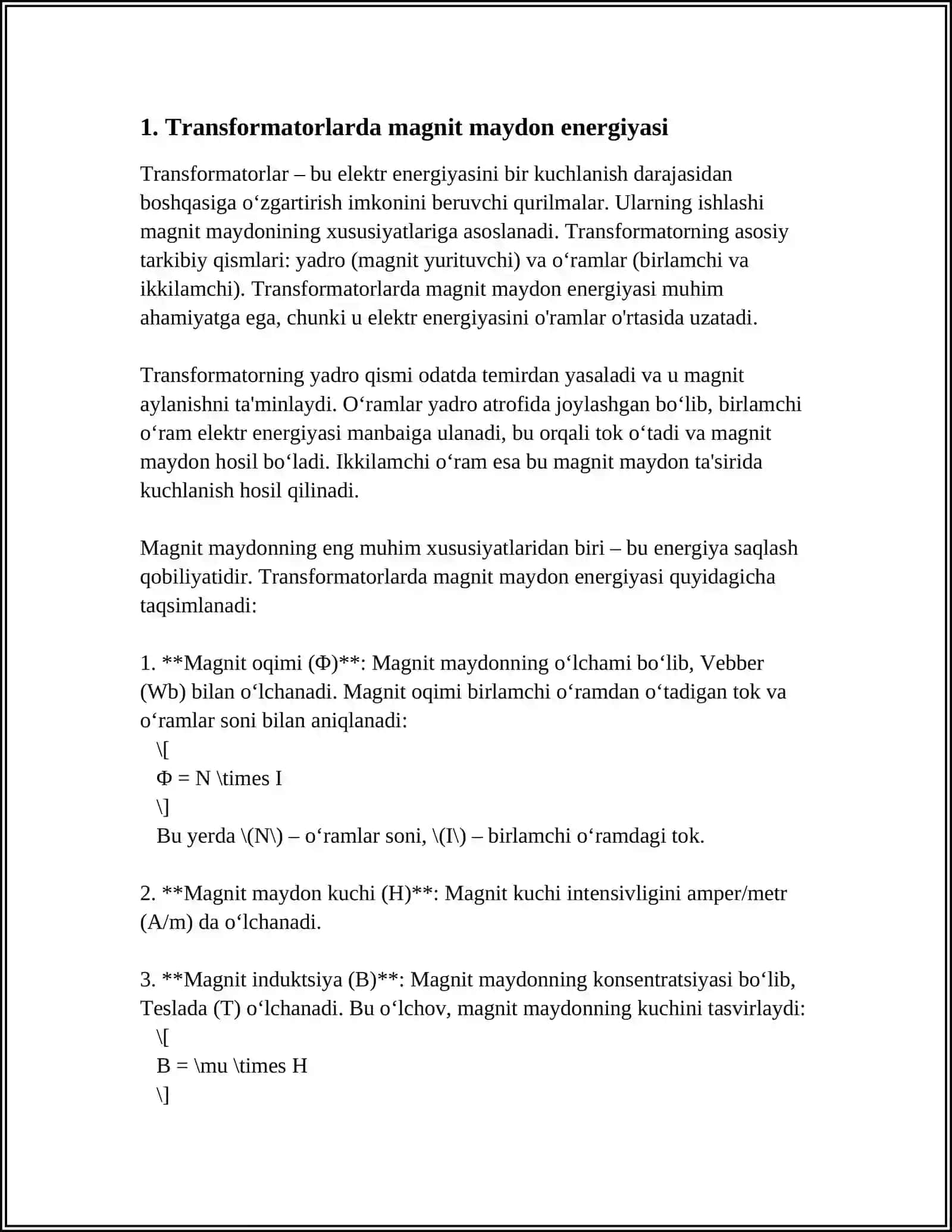 MUSTAQIL ISH Mavzu: TRANSFORMATORLA. MAGNIT MAYDON ENERGIYASI 3