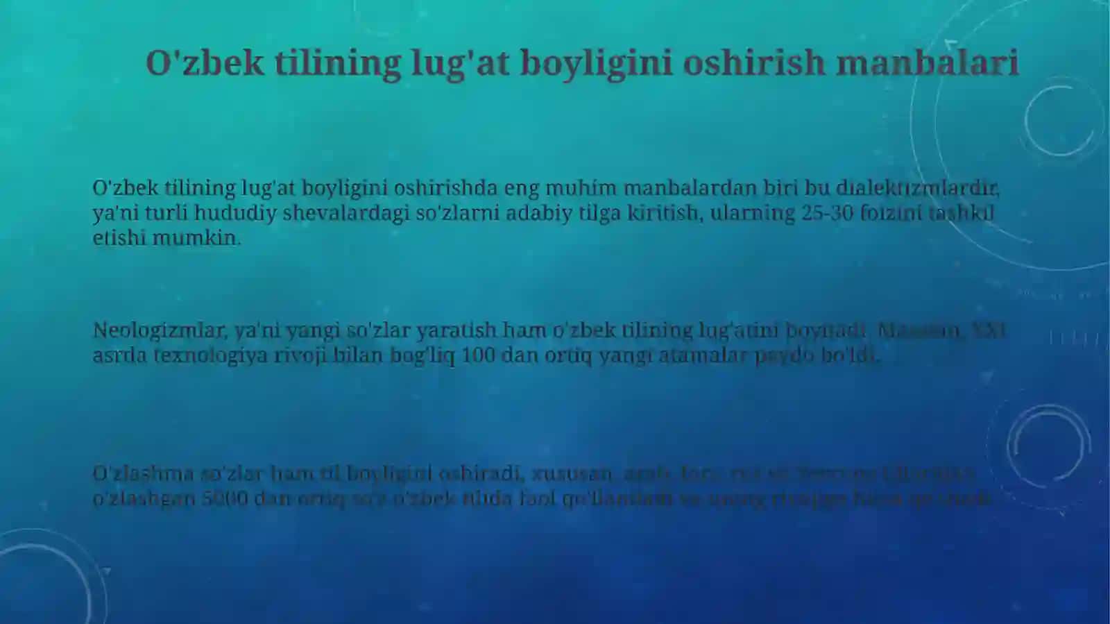 Oʻzbek tili leksikasining boyish manbalari. Mutaxassislikka xos o'z va o'zlashgan so'zlar tasnifi 3