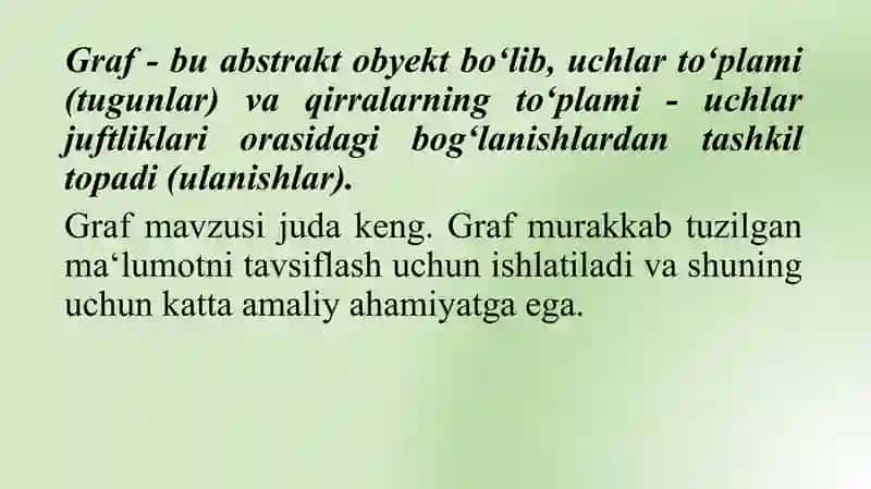 Graflar nazariyasi elemintlari. Grafni to`liq aylanib chiqish algoritmi. 3