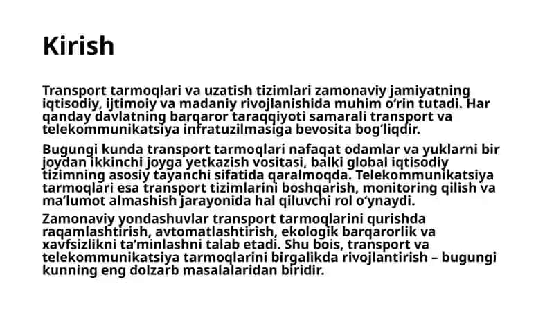 Uzatish tizimlari, transport tarmoqlari, transport tarmoqlarini qurishning zamonaviy tushunchalari. Transport telekommunikatsiya tarmogʻi-maqsadi, tarkibi, uzatish tizimlari, modellari, elementlari. Transport tarmoqlarini qurishning zamonaviy tushunchasi. 3