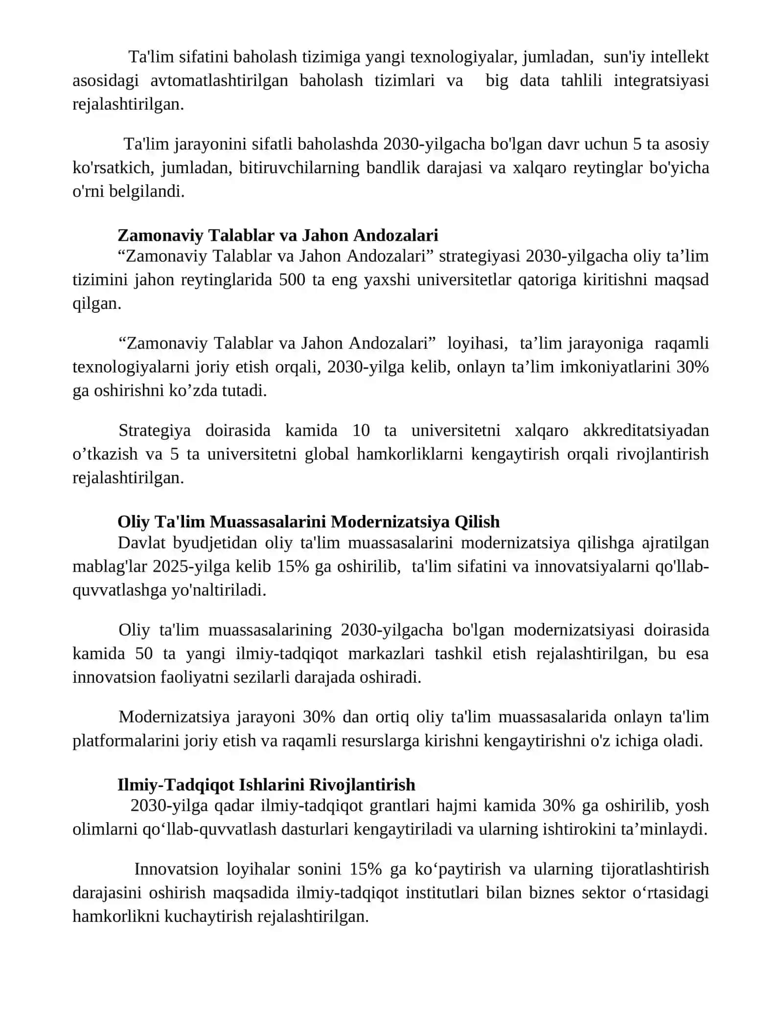 O'zbekiston Respublikasi oliy ta'lim tizimini 2030 yilgacha rivojlantirish konsepsiyasi 3
