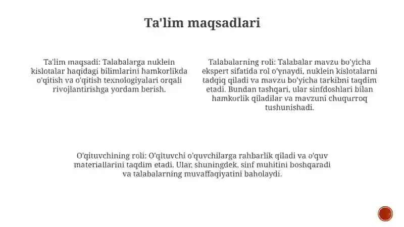 Nuklein Kislatalar Mavzusi Boyicha Oqituvchi Va Oquvchi Hamkorligi Oqitish Texnalogiyasidan Foydalanib Dars Ishlanmalarni Ishlab Chiqarish 3
