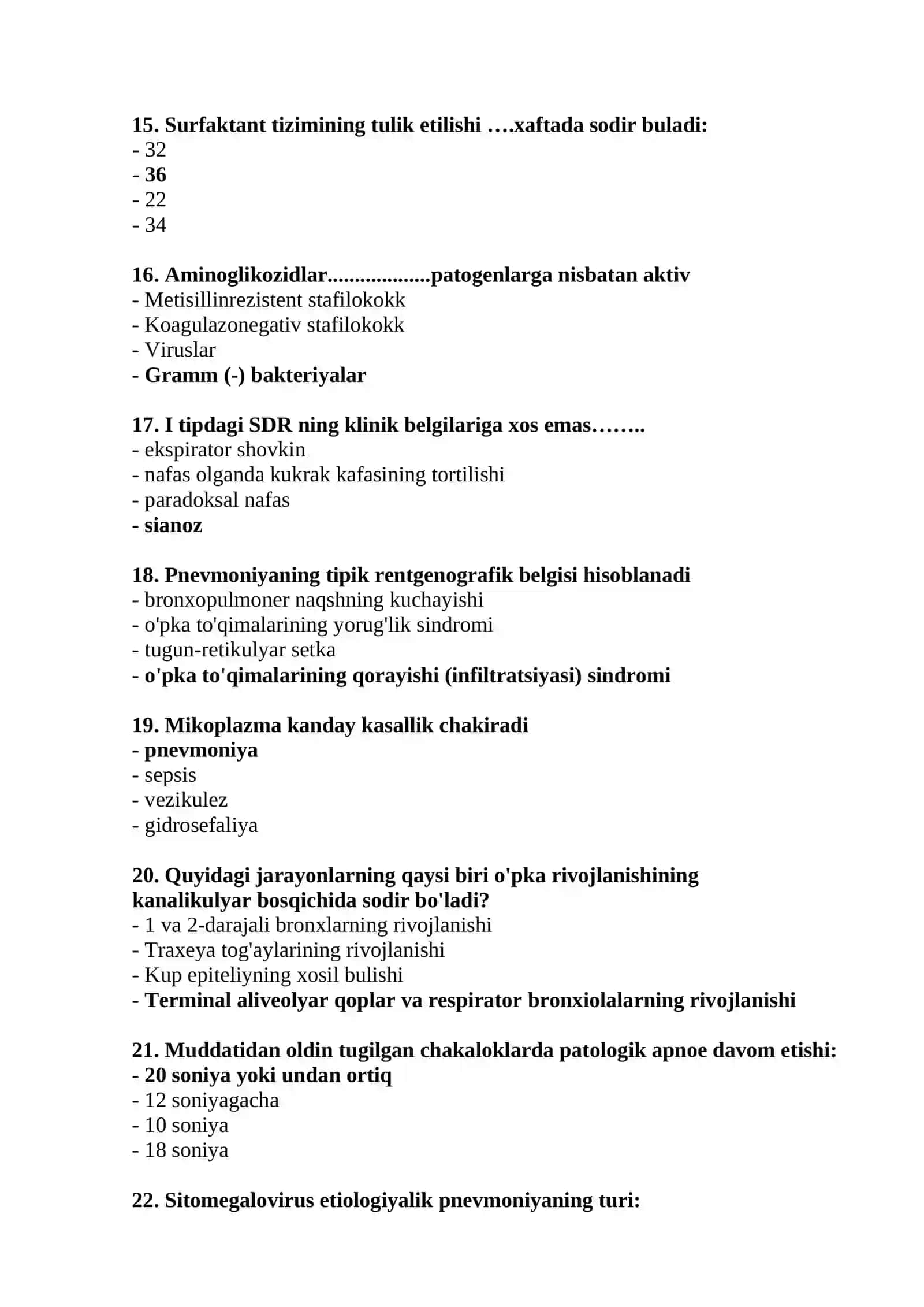 Neonatologiya mutaxassisligi bo'yicha shakllantirilgan test savollari. ARGOS 3