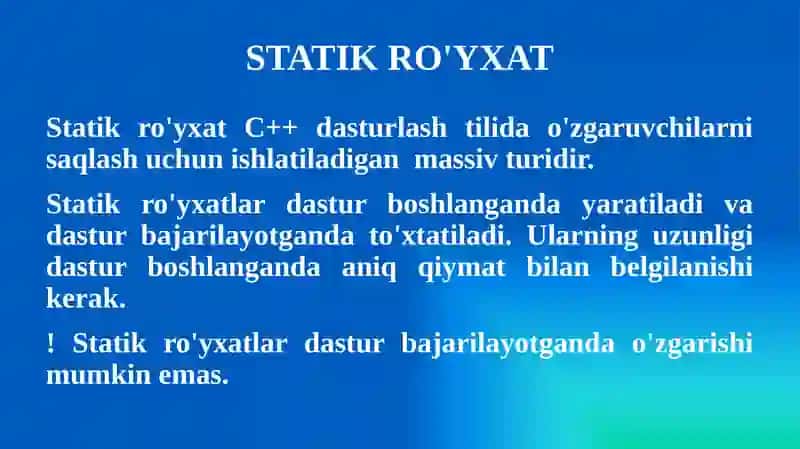 Statik va dinamik ro`yxat massiv tushunchasi ro`yxat metodlari 3