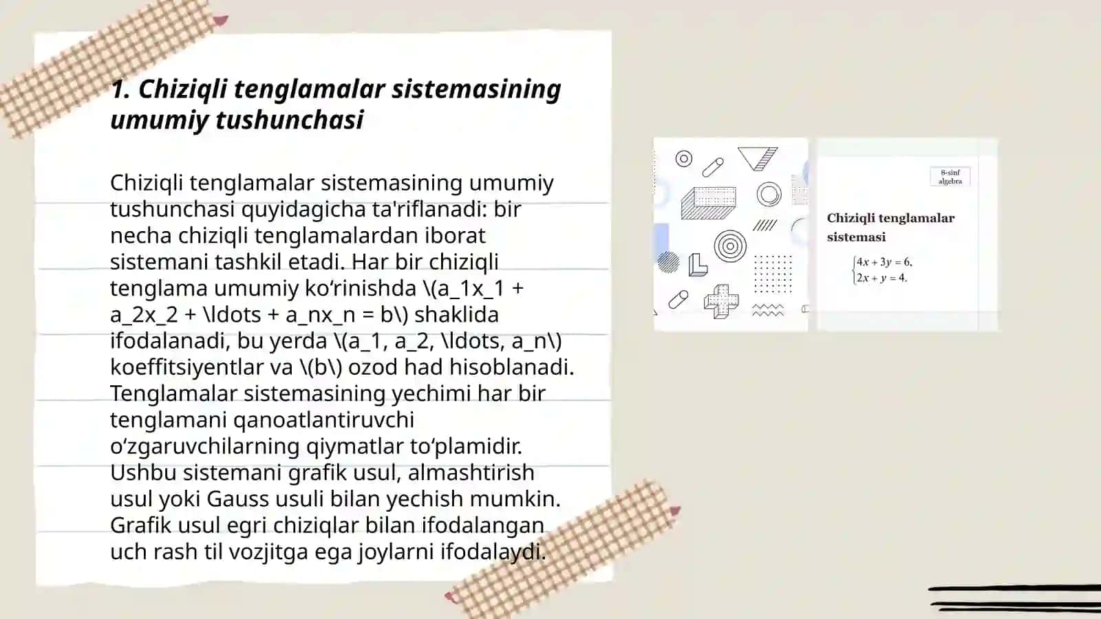 CHiziqli tenglamalar sistemasi va ularni yechish usullari, hayotdagi tatbiqi 3