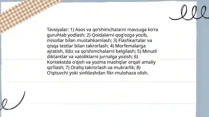 Asos va qoʻshimchalar imlosini amalda qoʻllash boʻyicha tavsiyalar va mashqlar 3