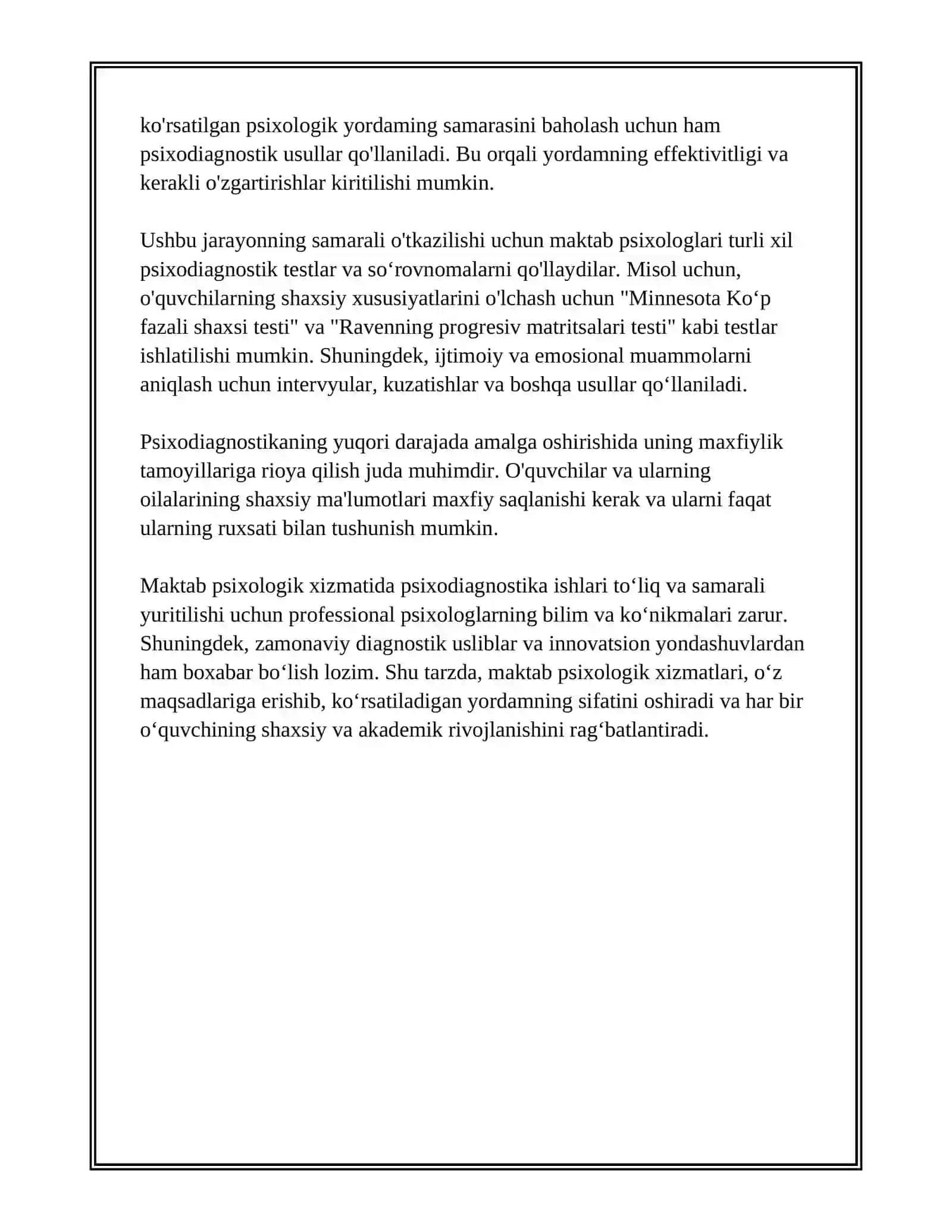 MAKTAB PSIXOLOGIK XIZMATIDA PSIXODIAGNOSTIKA. KLINIK PSIXODIAGNOSTIKA 3