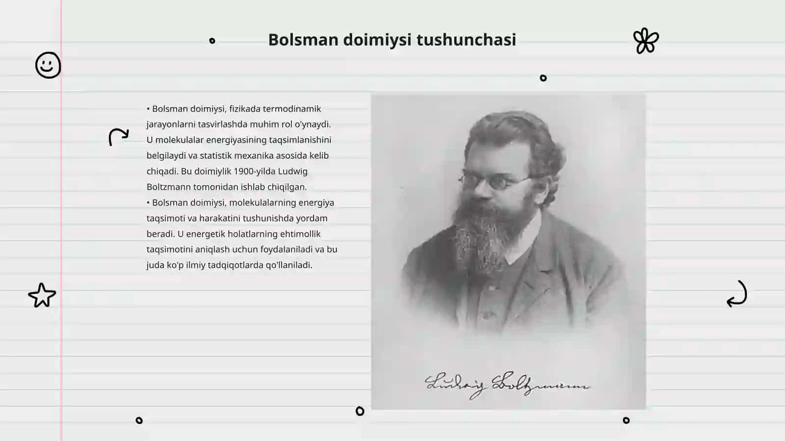 Bolsman doimiysi va bitta molekulalarning kinetik energiyasi 3