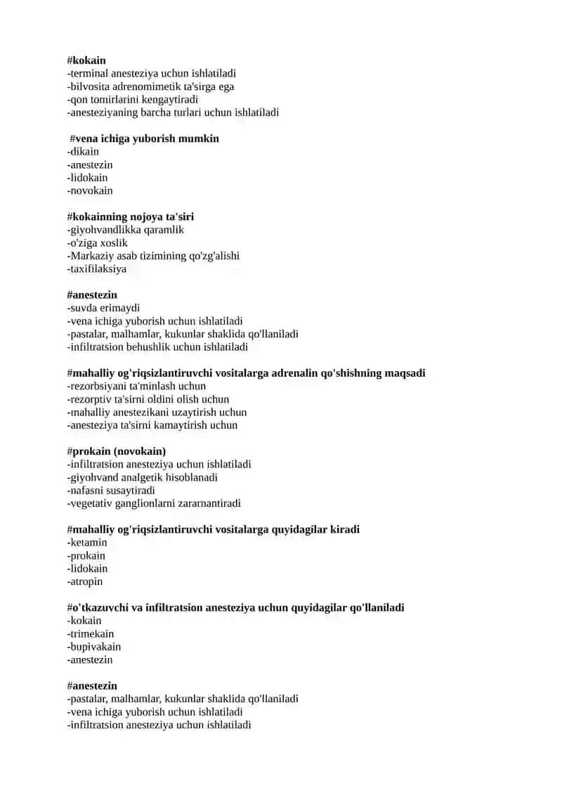 Mahalliy anestetiklar. Analgetiklar. test 3