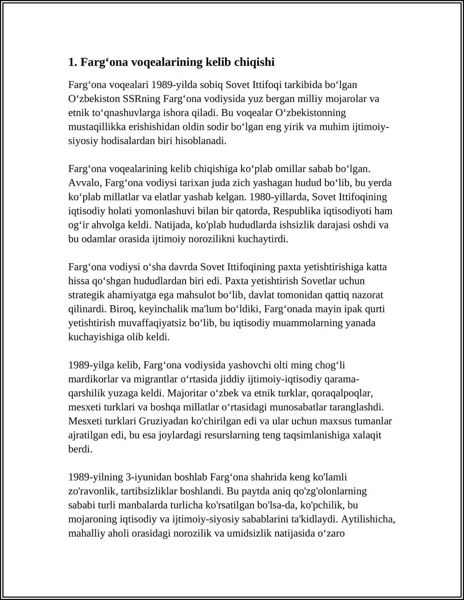 1989 YIL FARGʻONA VOQEALARI. OʻZBEKISTONDA IJTIMOIY INQIROZNING AVJ OLISHI 3