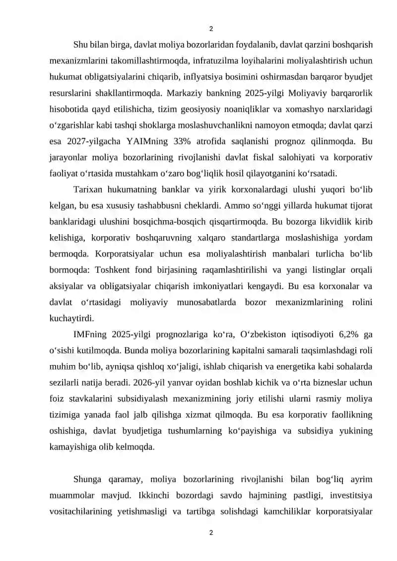 Moliya Bozorini Rivojlantirishning Davlat va Korporativ Moliyaviy Munosabatlarga Ta'siri 3
