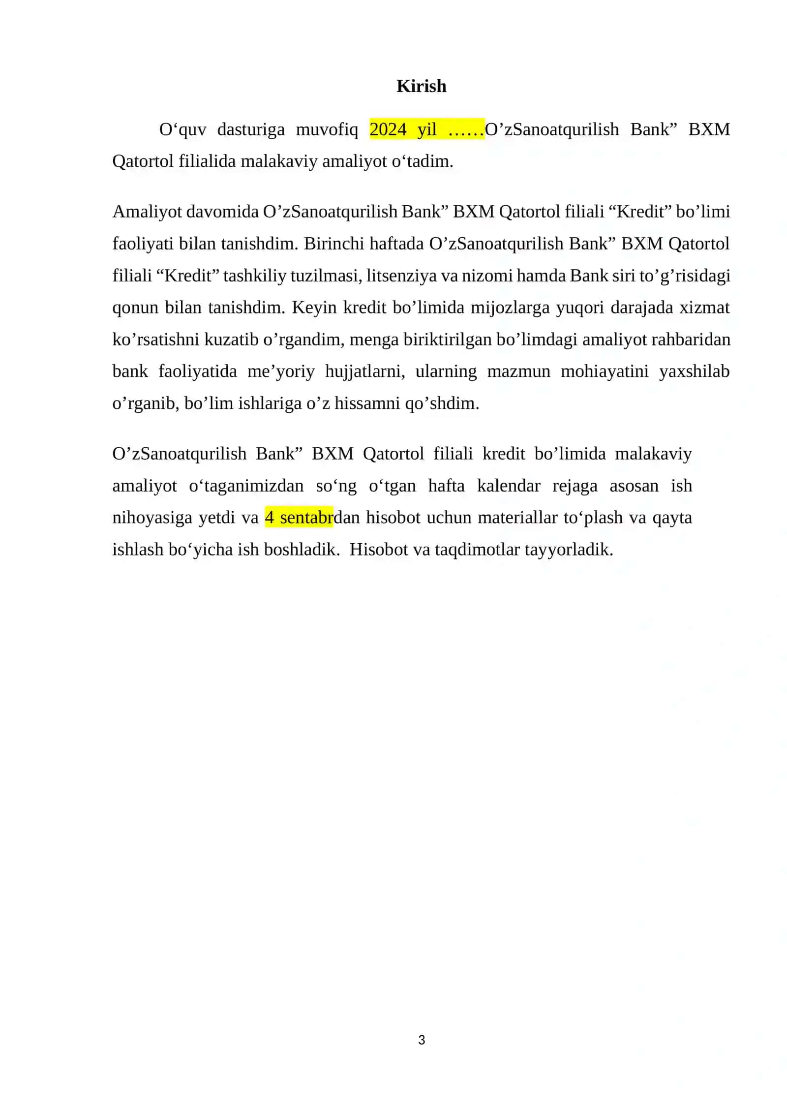O‘zSanoatqurilish Bank” BXM Qatortol filialida malakaviy amaliyot o‘tadim 3