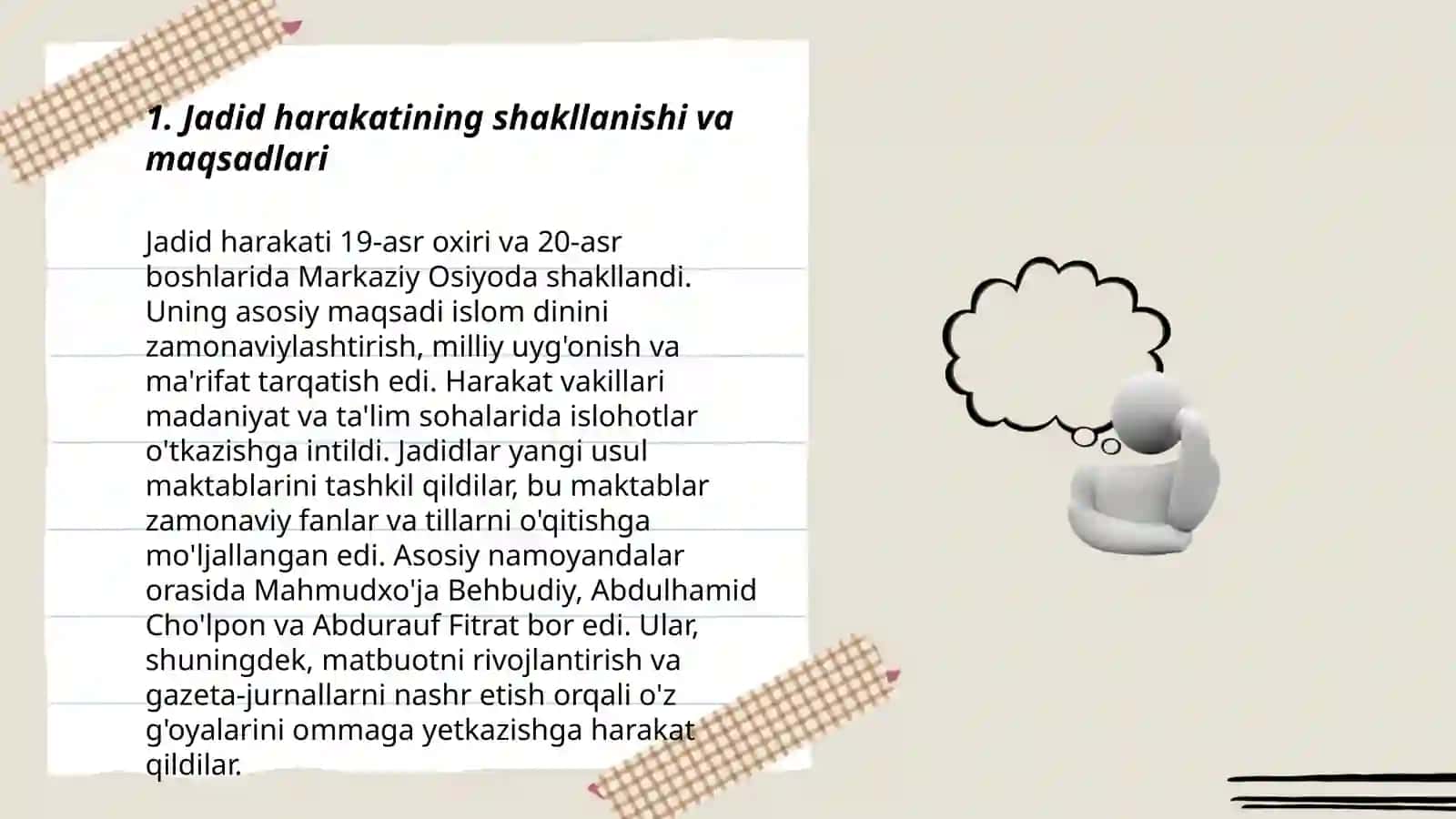 Jadid ma'rifatparvarlarining o'lka ijtimoiy-ma'naviy hayotida tutgan o'rni (Munavvar Qori, Fitrat, Behbudiy, Avloniy va boshqalar) 3