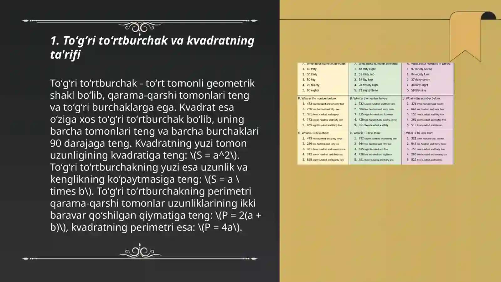 Toʻgʻri toʻrtburchak va kvadratning primetrini yuzaga doir masalalar yechishga oʻrgatish 3