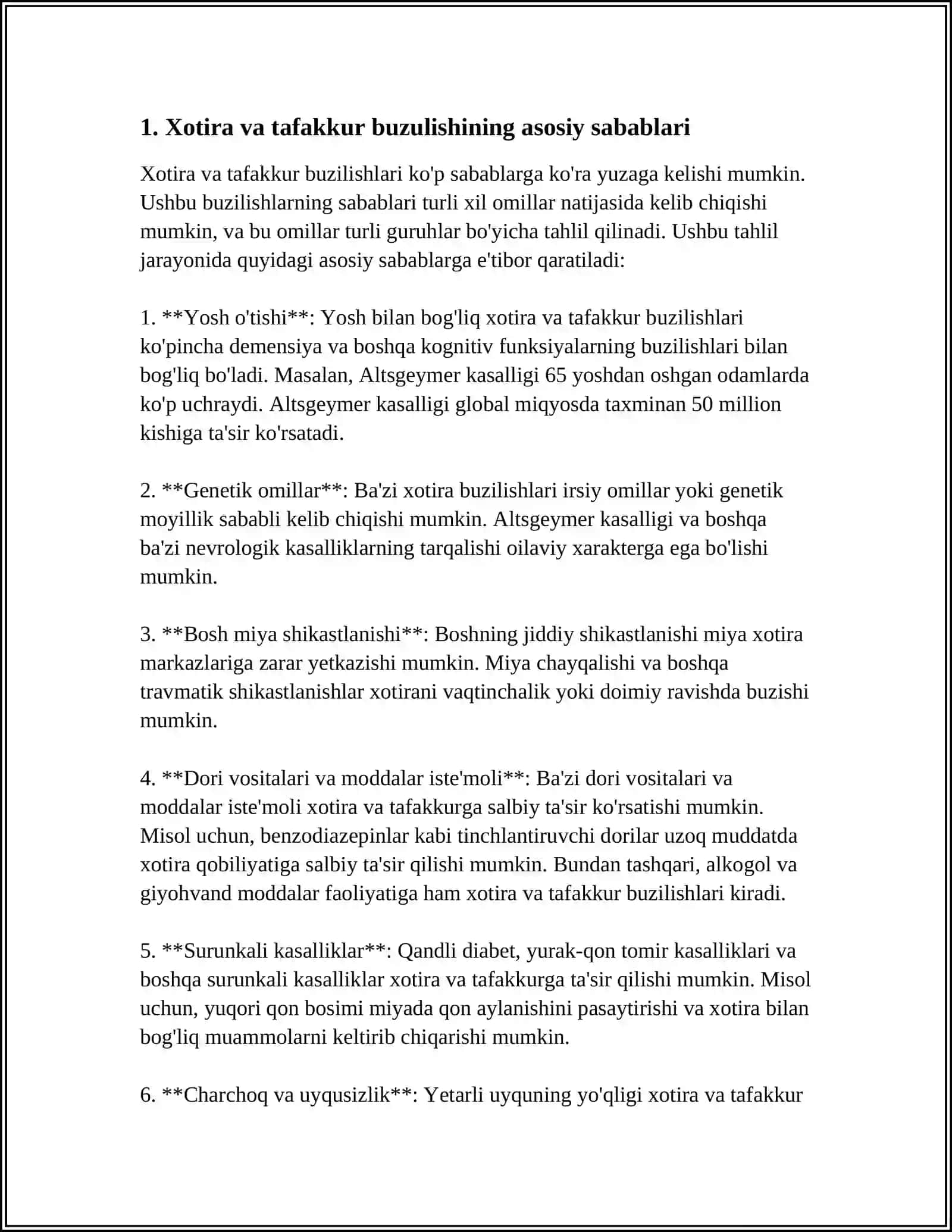 Xotira va Tafakkur Buzulishi Sabablari, Tashxisi va Davolash 3