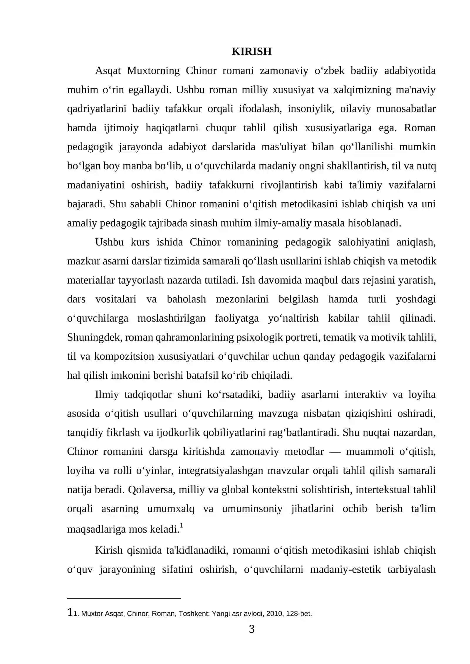 “ASQAT MUXTOR.,,CHINOR" ROMANINI OʻQITISH METODIKASI 3