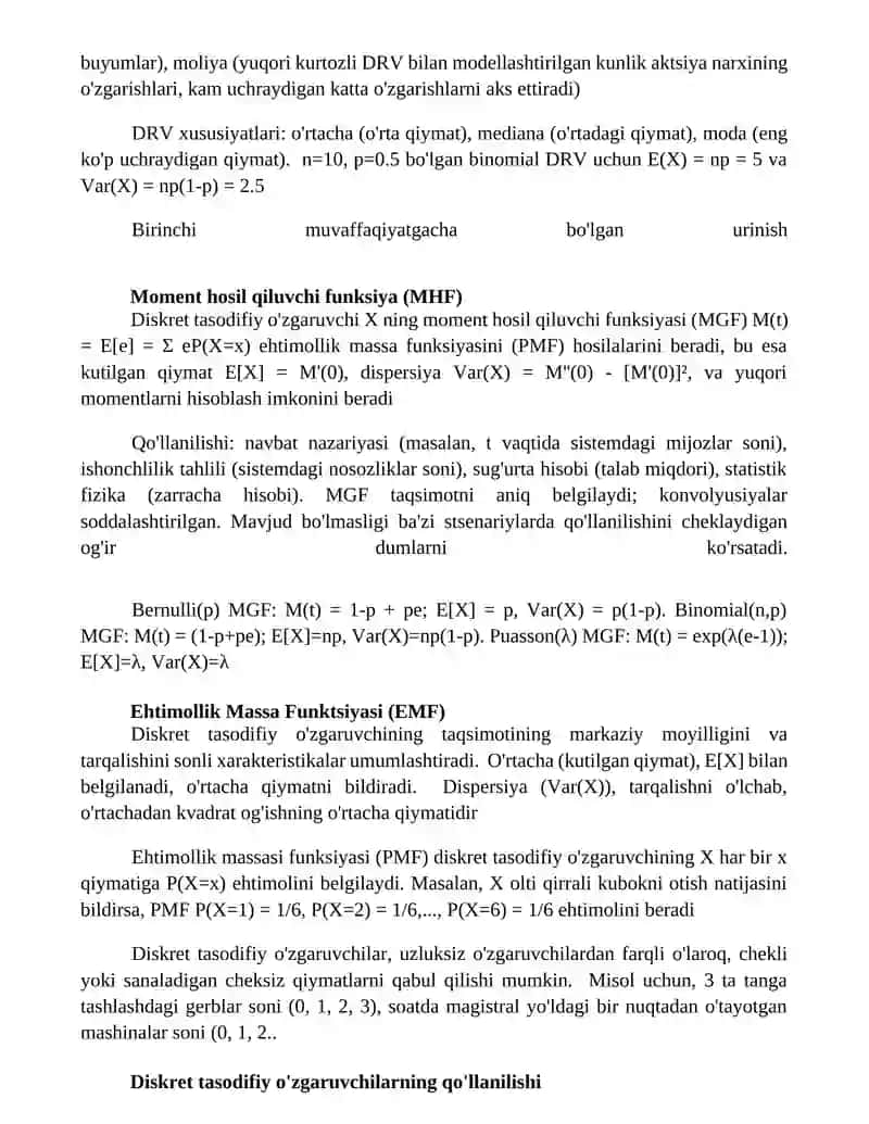 Diskret tasodifiy miqdorlar va ularning sonli xarakteristikalari 3