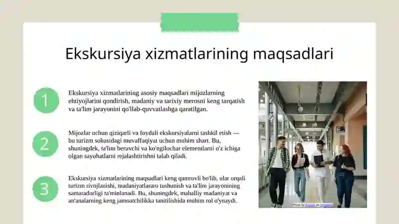 Ekskursiya xizmatlarini tashkil qilish fanining maqsadlari va vazifalari 3