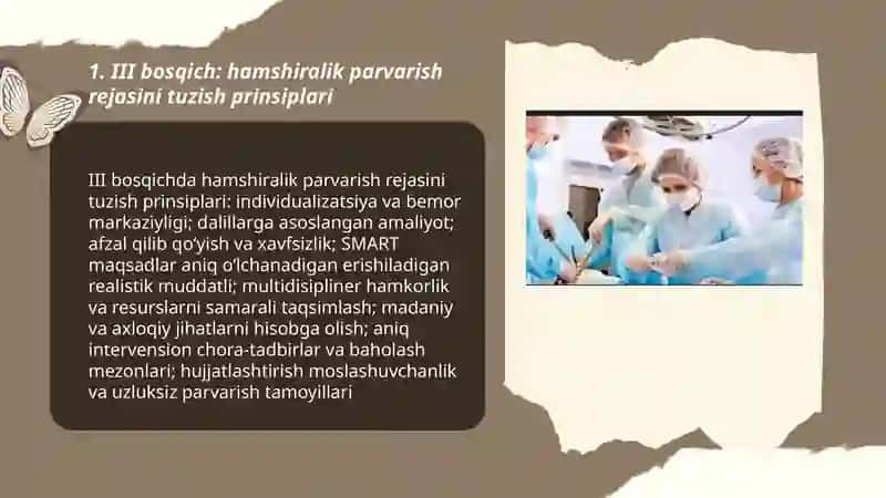 Hamshiralik jarayonining III-IV-V bosqichlari. Hamshiralik parvarish rejasini tuzish, amalga oshirish va samaradorlikni baholash 3