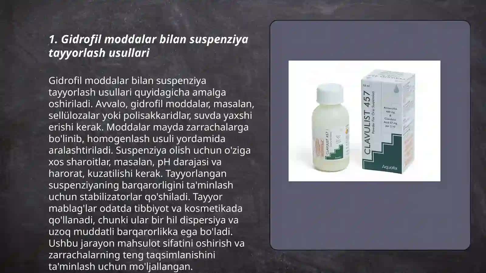 Gidrofil moddalardan suspenziyalar tayyorlashning xususiy texnologiyasi, ularning sifatini baholash 3