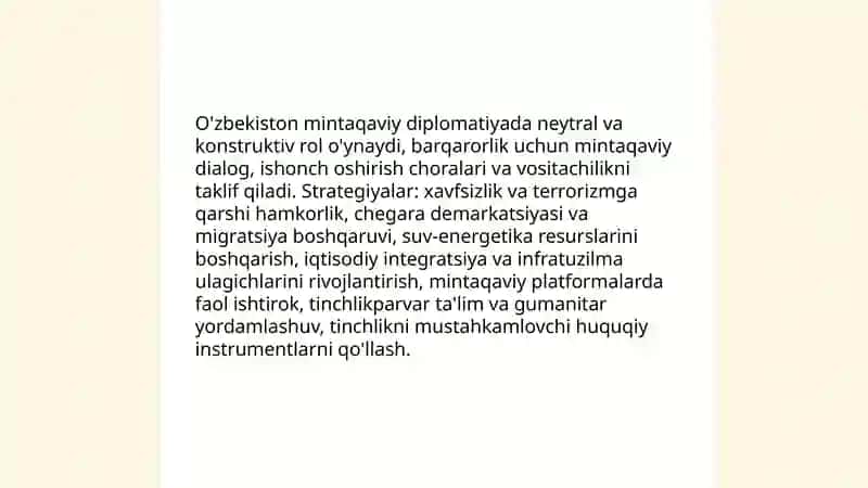 O'zbekistonning Markaziy Osiyoda tinchlik va barqarorlikni ta'minlqshdagi o'rni 3
