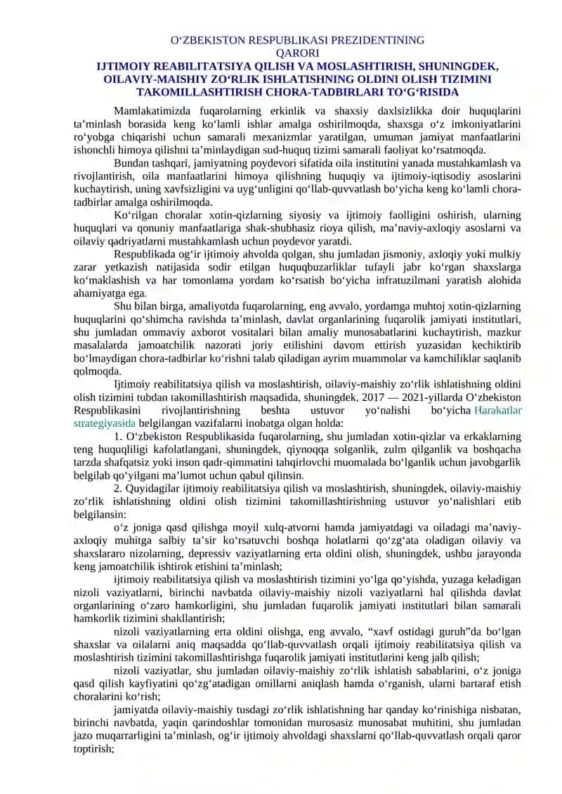 O’zbekistonda oilaviy maishiy zo’rlik ishlatishning oldini olish borasida amalga oshirilayotgan tadbirlar 3