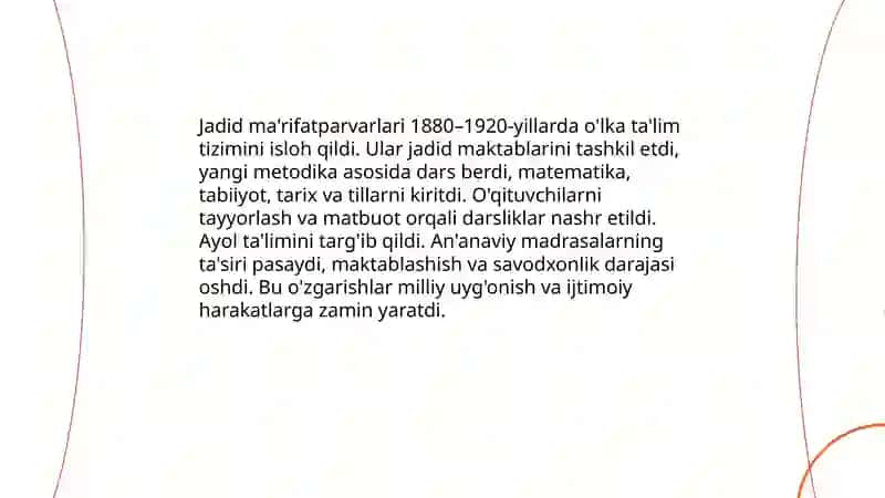 Jadid ma'rifatparvarlarining o'lka ijtimoiy-ma'naviy hayotida tutgan o'rni 3