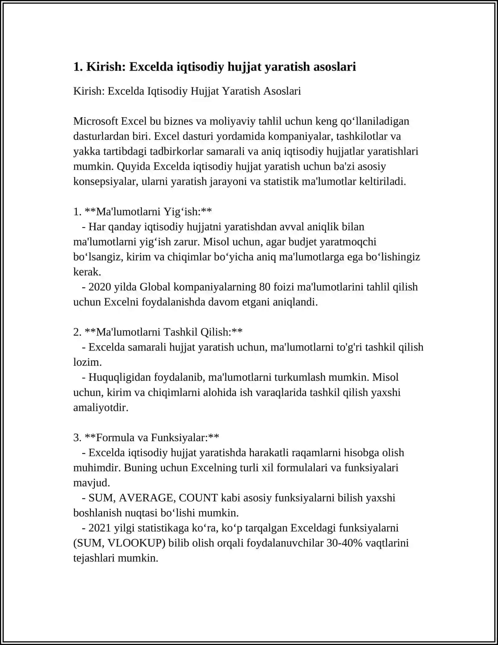 IQTISODIY SOHA BOʻYICHA EXCELDA HUJJATLAR YARATISH, MISOLLARI BILAN 3