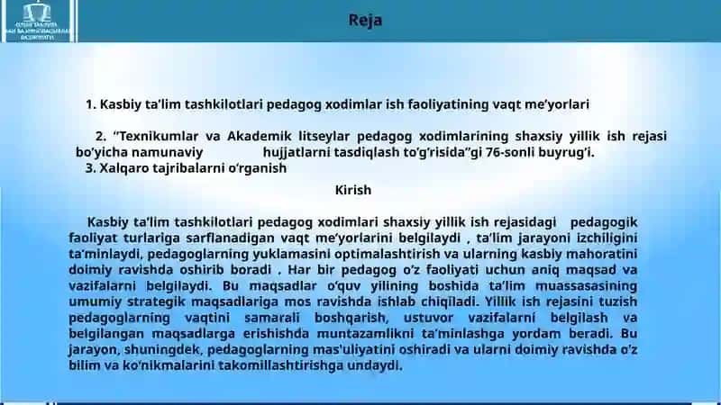 Kasbiy ta’lim tashkilotlarida pedagog xodimlar ish faoliyatining vaqt  me’yorlari va shaxsiy yillik ish rejasini tuzish 3