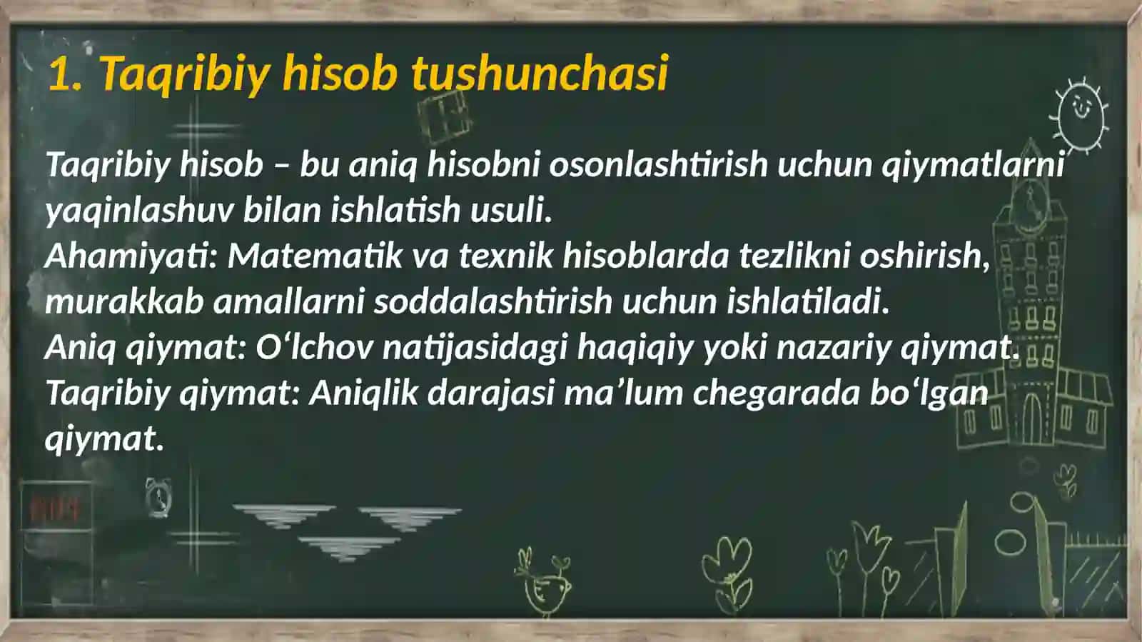 Taqribiy hisob, absolyut va nisbiy xato, sonlarni yaxlitlash usullari. Sonning xarakteristikasi va mantissasi 3