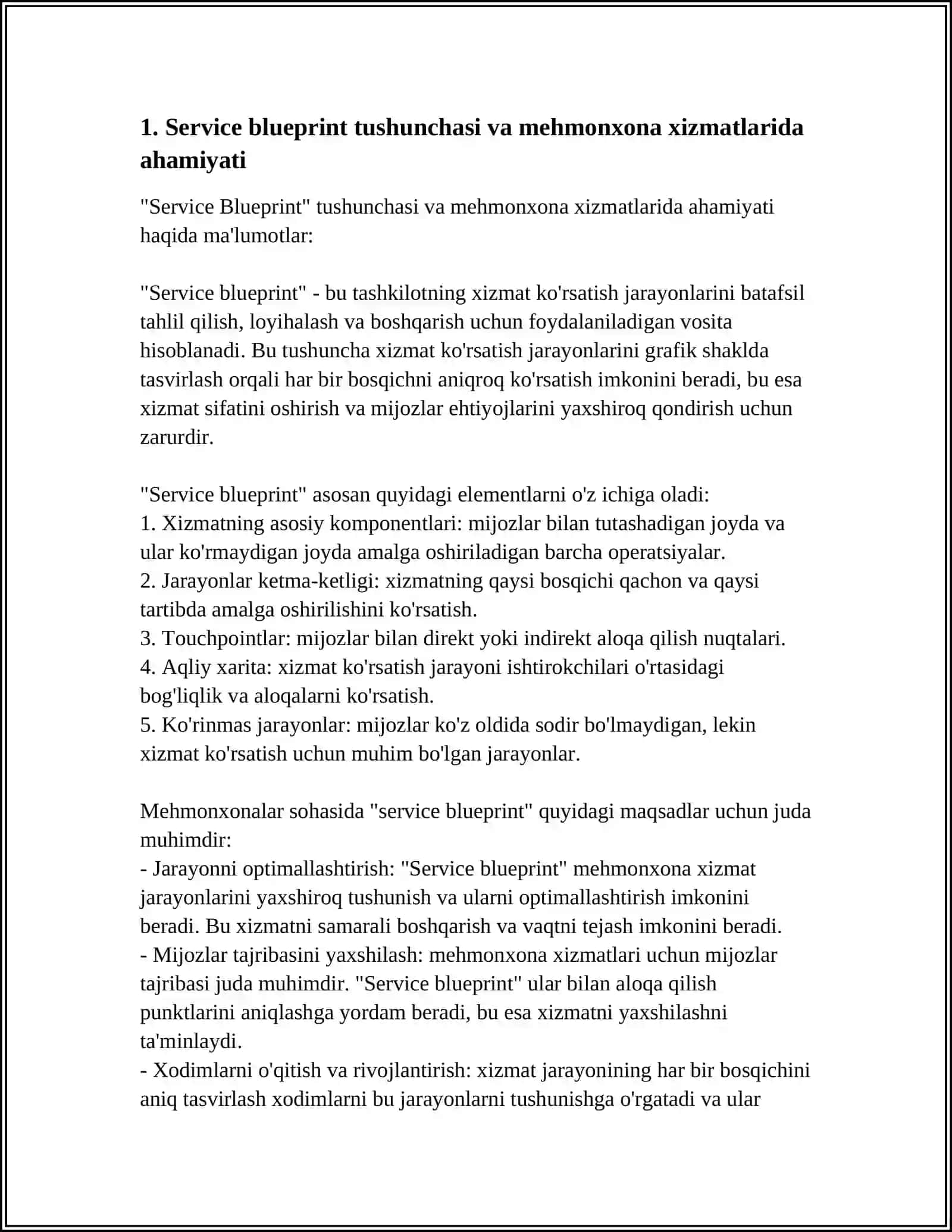 Service Blueprintning tushunchasi va mehmonxona xizmatlarida ahamiyati 3