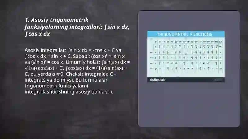 Asosiy trigonometrik funksiyalarning integrallari 3