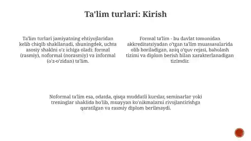 Ta'lim turlari va Ta'limni tashkil etish shakllari 3