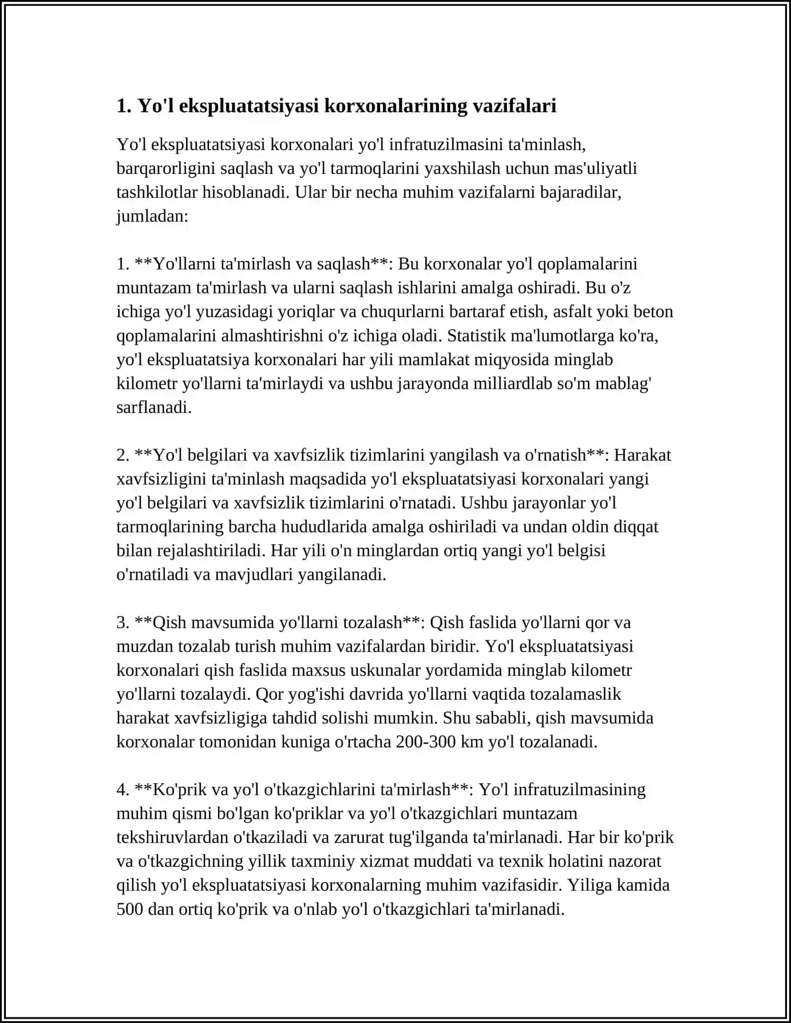 AVTOMOBIL YO‘LLARINI EKSPLUATATSIYA QILISH KORXONALARINING ASOSIY VAZIFALARI VA ULARNING STRUKTURASI 3