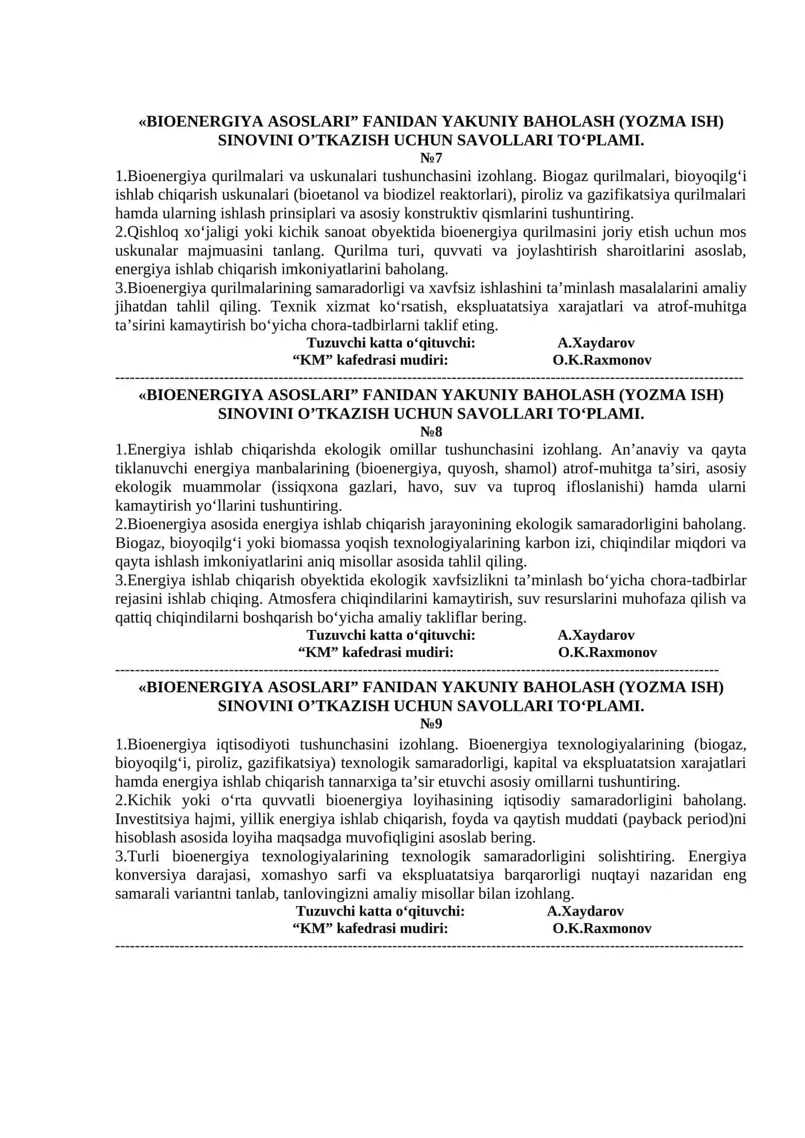 "BIOENERGIYA ASOSLARI" FANIDAN YAKUNIY BAHOLASH (YOZMA ISH) SINOVINI O’TKAZISH UCHUN SAVOLLARI TO‘PLAMI 3