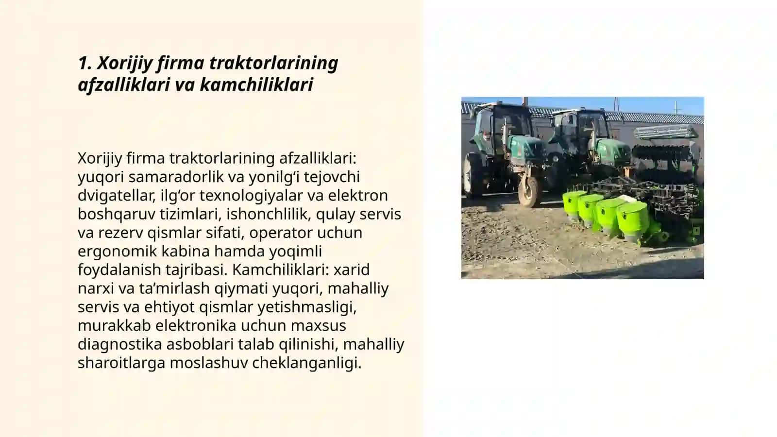 Xorijiy firma qishloq xo'jaligi texnikalarining afzalligi va kamchilligi 3