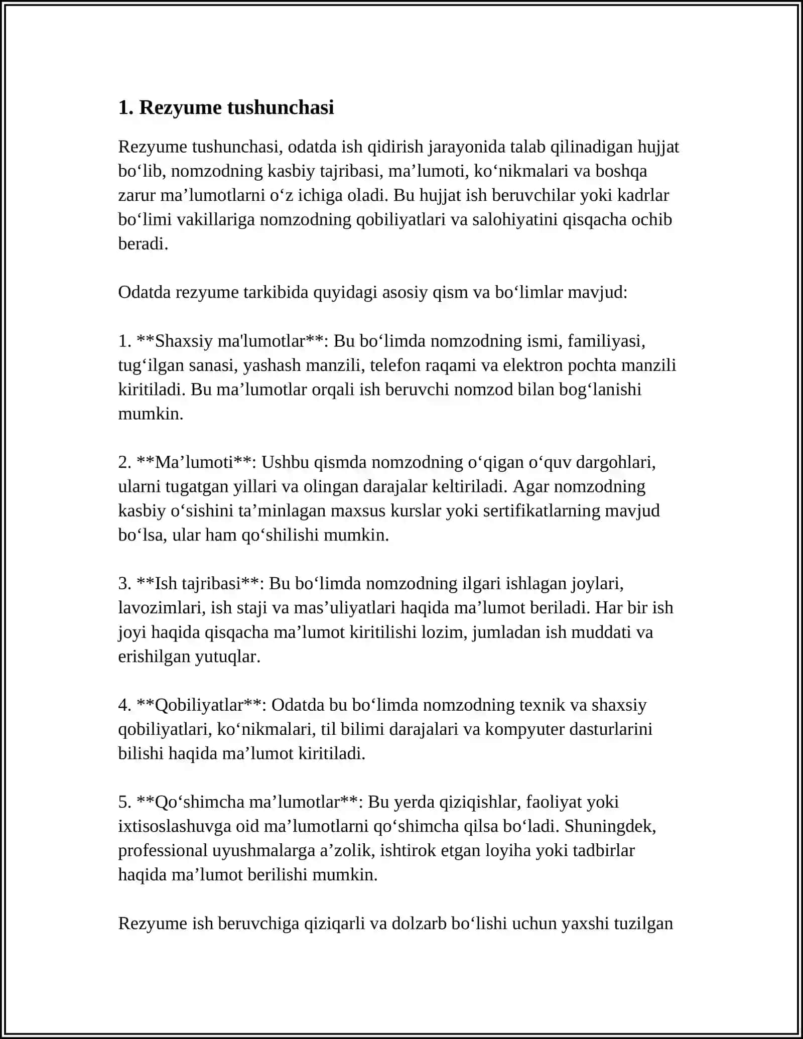 REZYUME.CV.MALUMOTNOMA HUJJATLARI.ULAR ORASIDAGI FARQLAR 3