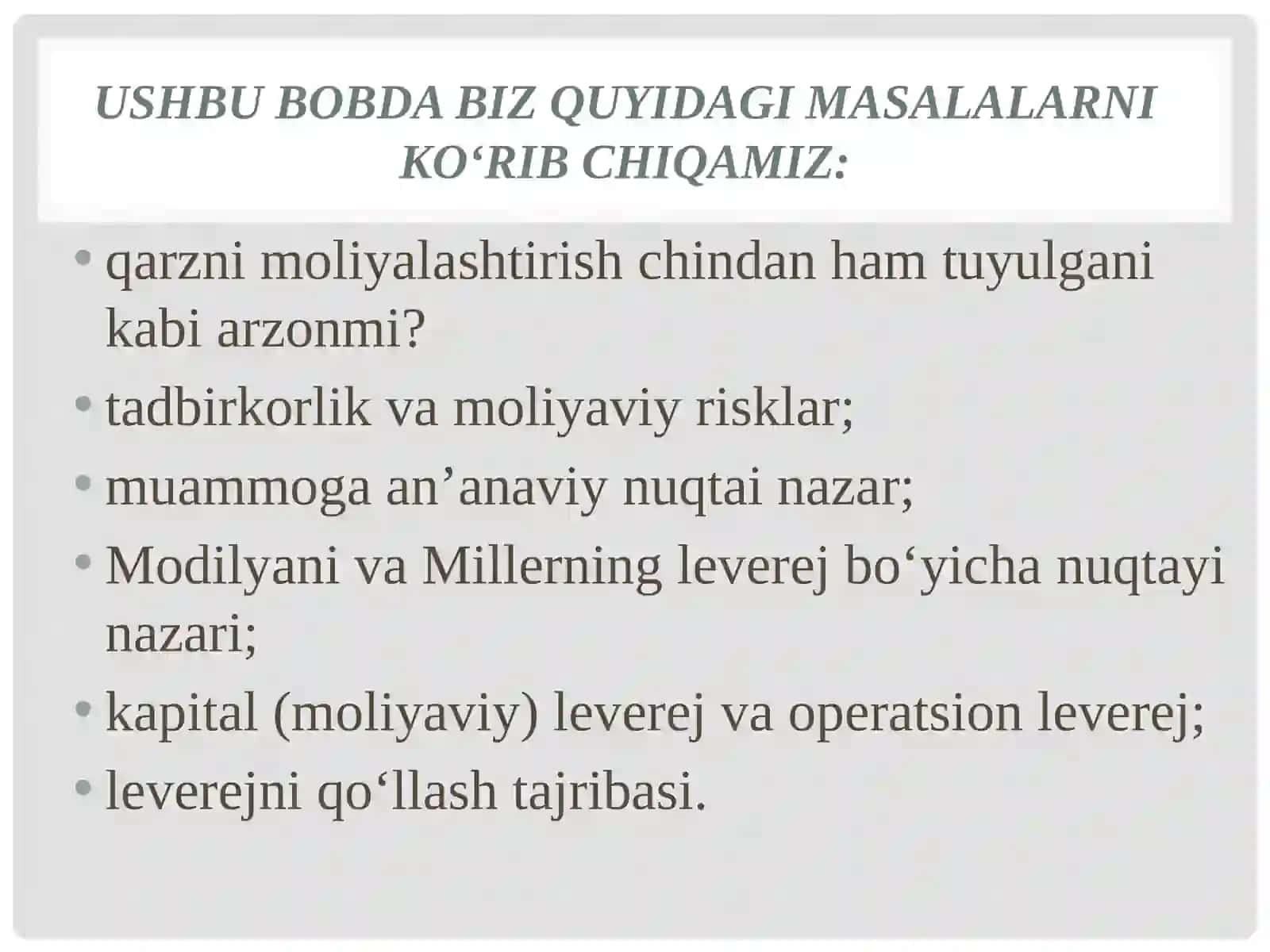 LEVEREJ, KAPITAL QIYMATI VA AKSIYADORLAR FAROVONLIGI 3