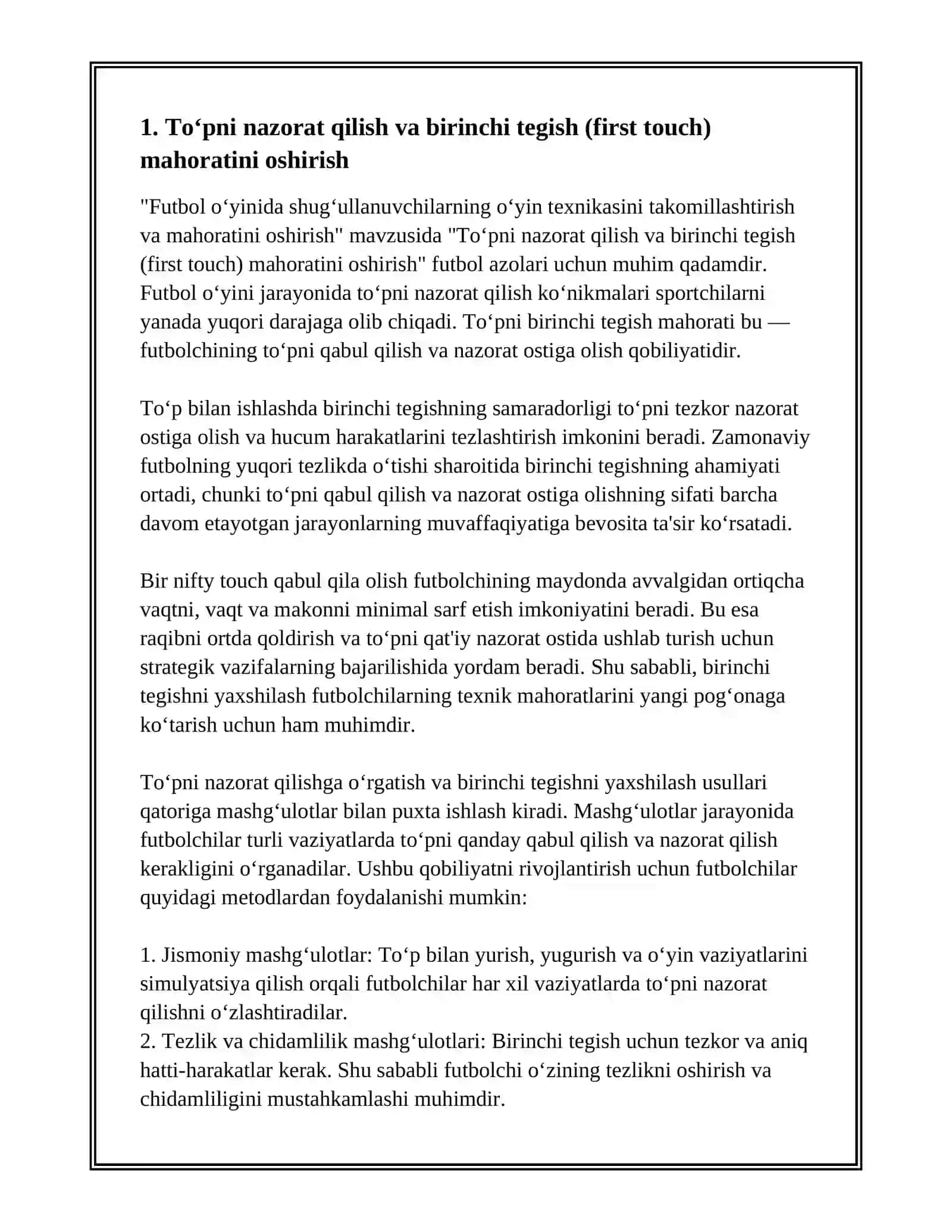 FUTBOL O'YINIDASHUG'ULLANUVCHILARNINGO'YIN TEXNIKASINITAKOMILLASHTIRISH VAMAHORATINI OSHIRISH 3