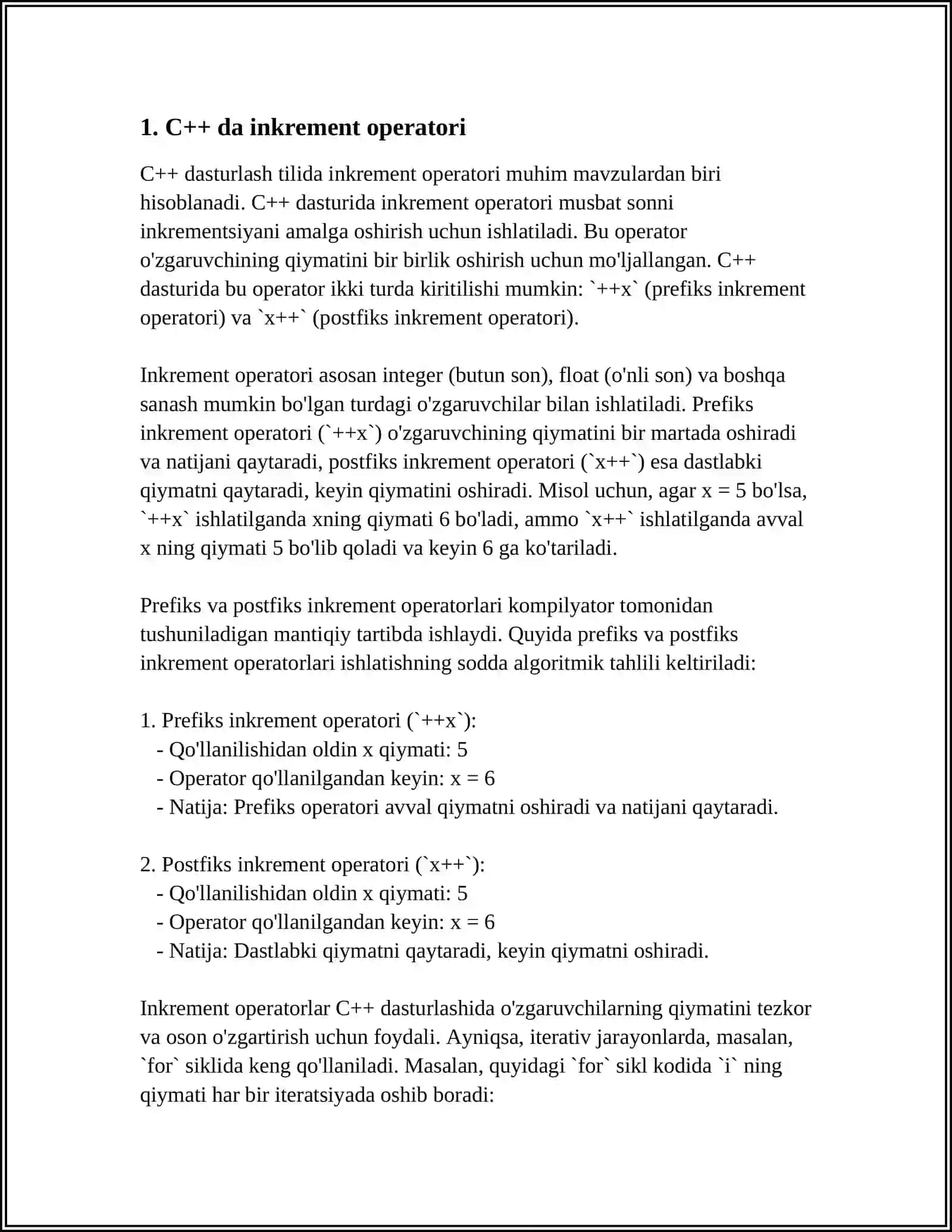 C++ TILIDA OPERATSIYALAR.INKEMENT VA DECREMENT AMALLARI MAVZUSI 3
