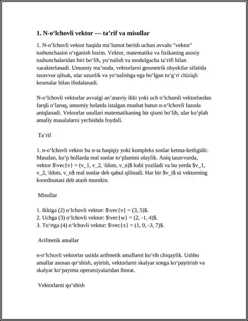 N O‘LCHOVLI VEKTORLAR VA ULAR USTIDA ARIFMETIK AMALLAR 3