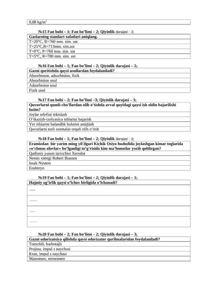 Gaz ta’minoti tizimlari test topshriqlari 3