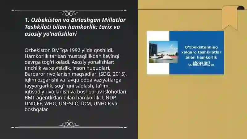 Ozbekistonning xalqaro tashkilotlar bilan hamkorlik aloqalari mavzusida taqdimot tayyorlash 3