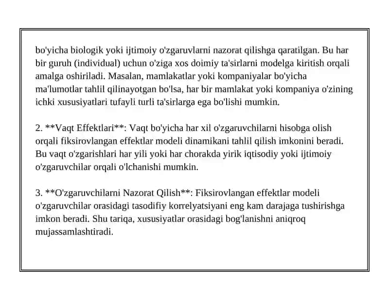 Fiksirovlangan Effektlar va Tasodifiy Effektlar Modellari 3