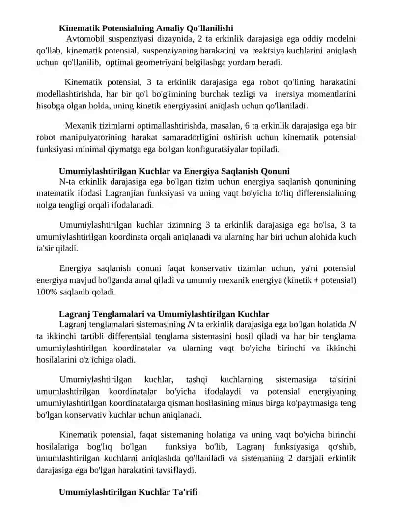 Erkinlik darajasi bir nechtâ bolgan sistemaning umumlashgan kuchlari kinematik patensiali 3