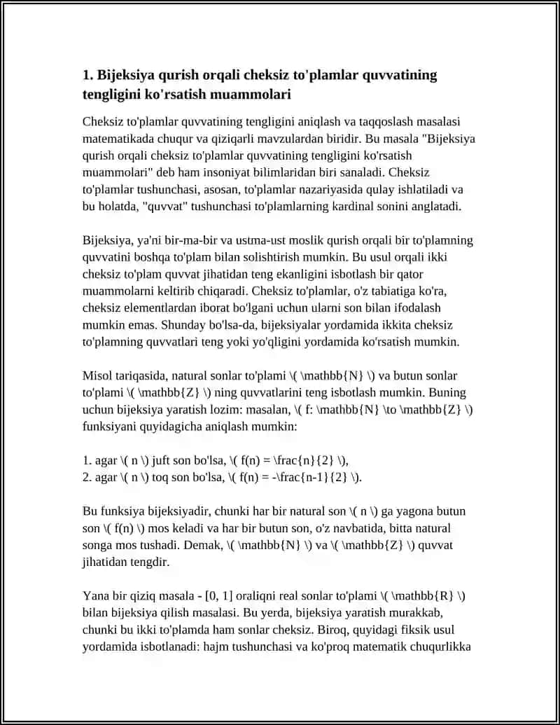 CHEKSIZ TOʻPLAMLARNI QUVVATIGA KOʻRA TAQQOSLASH MUAMMOLARI 3