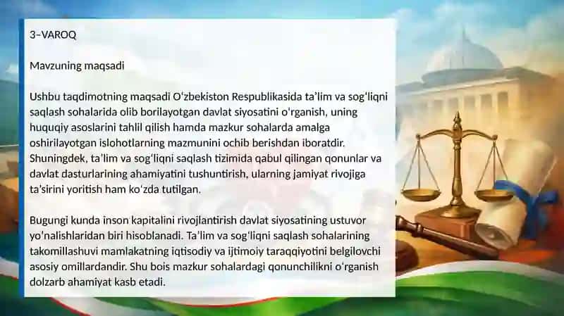 O‘zbekiston Respublikasining ta’lim va sog‘liqni saqlash sohasidagi davlat siyosati va qonunlari 3