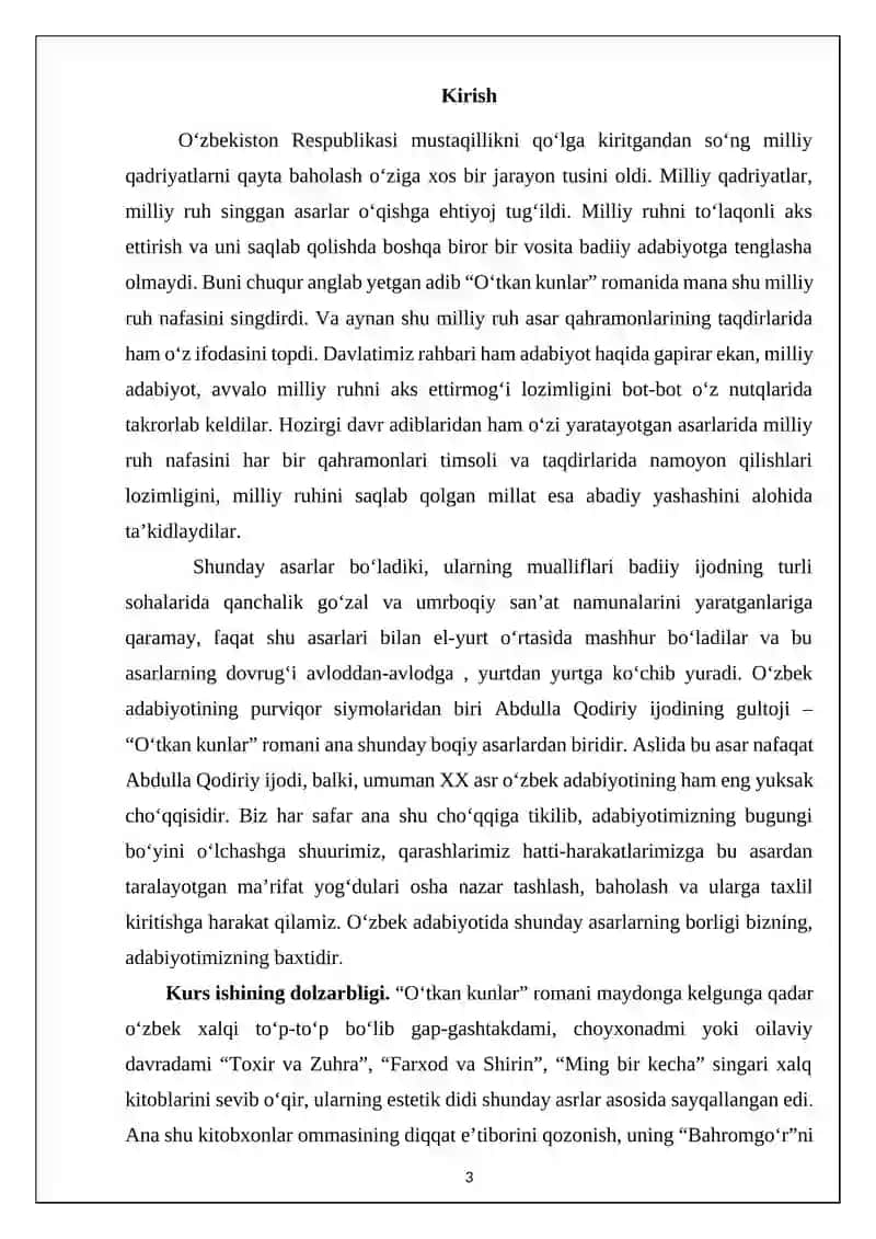 O'tkan kunlar romani asosida kurs ishi 3
